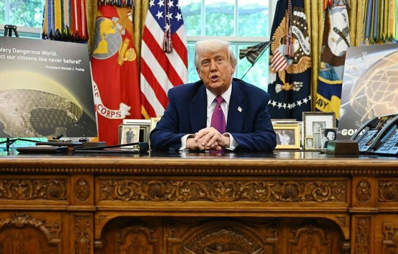 5月20日，美国总统特朗普在白宫椭圆形办公室宣布“金穹”导弹防御系统发展规划，并说加拿大希望参与其中。（图：AFP）