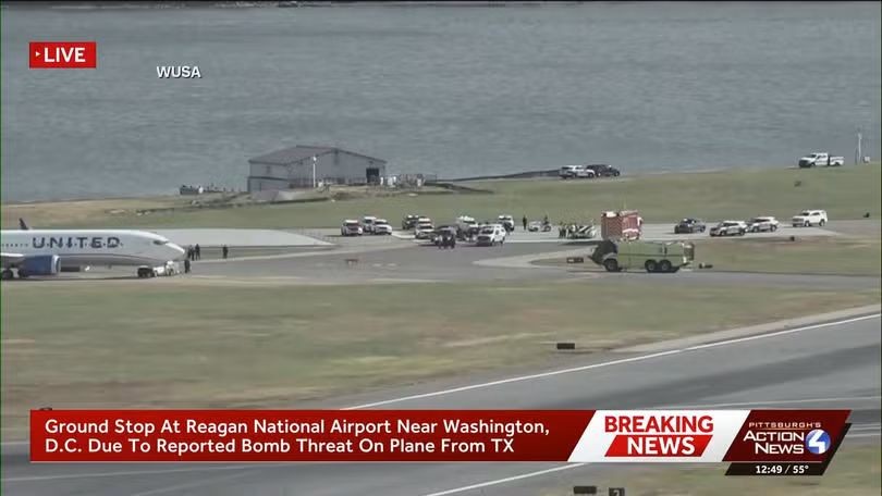 “诈弹”威胁致华盛顿里根机场一度停飞。（视频截图）