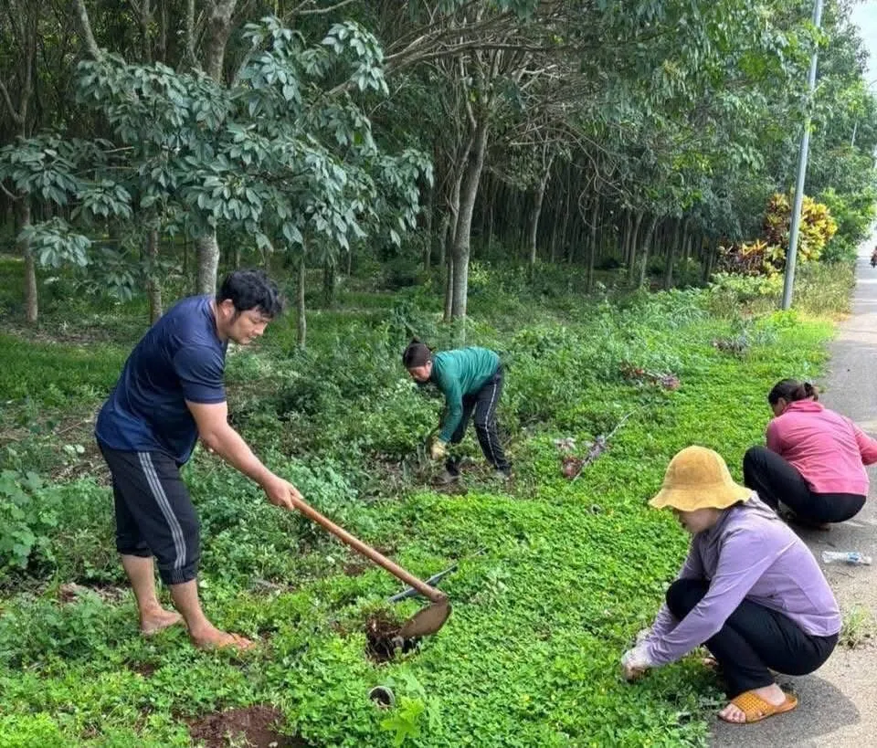 Các lực lượng xã Ngãi Giao trồng cây tại lễ ra quân, sáng 6-6
