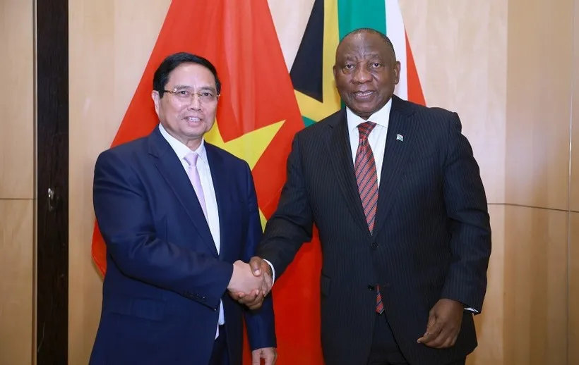 Thủ tướng Phạm Minh Chính hội kiến Tổng thống Cộng hòa Nam Phi Matamela Cyril Ramaphosa. Ảnh: TTXVN 