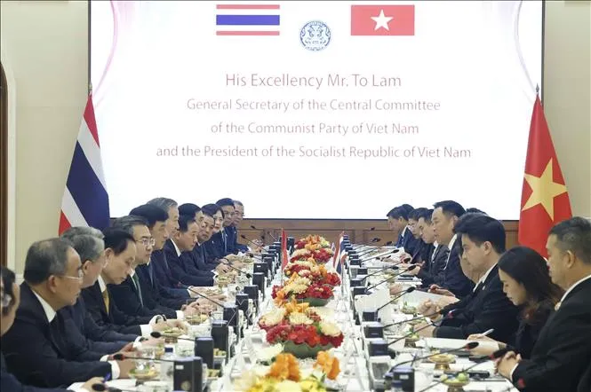 Tổng Bí thư, Chủ tịch nước Tô Lâm hội đàm chính thức với Thủ tướng Thái Lan Anutin Charnvirakul. Ảnh: TTXVN