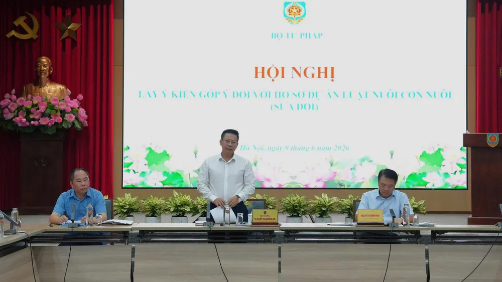 Thứ trưởng Bộ Tư pháp Nguyễn Thanh Ngọc điều hành hội nghị. Ảnh: CẨM HÀ 
