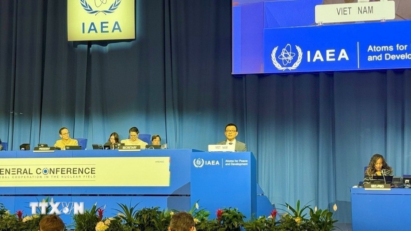 越南常驻奥地利维也纳联合国和其他国际组织代表团团长武黎太黄大使在会上发言。