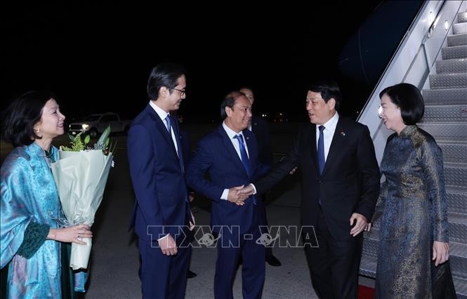 越南驻美国大使阮国勇和越南常驻联合国代表团团长杜雄越大使来到机场迎接国家主席梁强和夫人。