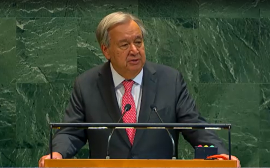 古特雷斯于当地时间22日在会议上讲话。