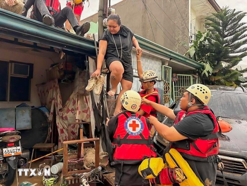2025年11月4日，菲律宾宿务省，救援人员正在将民众从受台风“海鸥”台风影响的洪水区域转移。