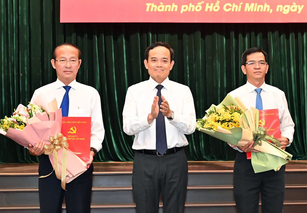 胡志明市市委书记陈留光向相关干部颁发党中央书记处和本市市委常务处的《决定》。