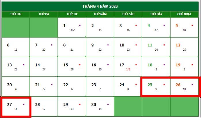 今年雄王始祖忌辰假期，劳动者将在星期一（4月27日）补休，加上周末两天，共计连休3天。 
