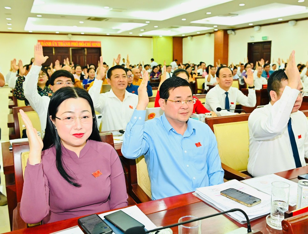  第十届胡志明市人民议会第八次会议上，代表们进行表决。