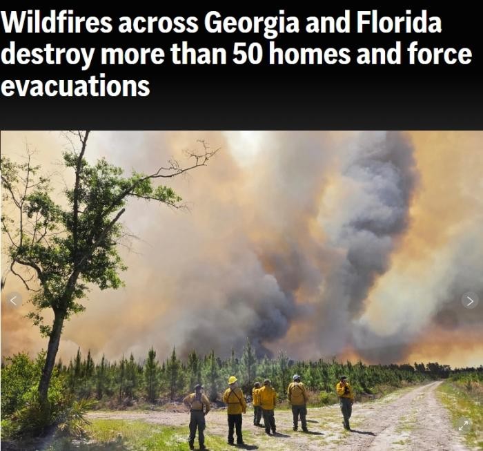 野火持续肆虐 美国佐治亚州宣布91县进入紧急状态。图片来源：美联社报道截图