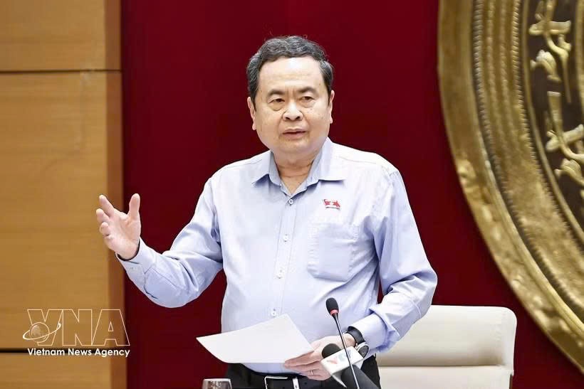 越南国会主席陈青敏在会上发言。