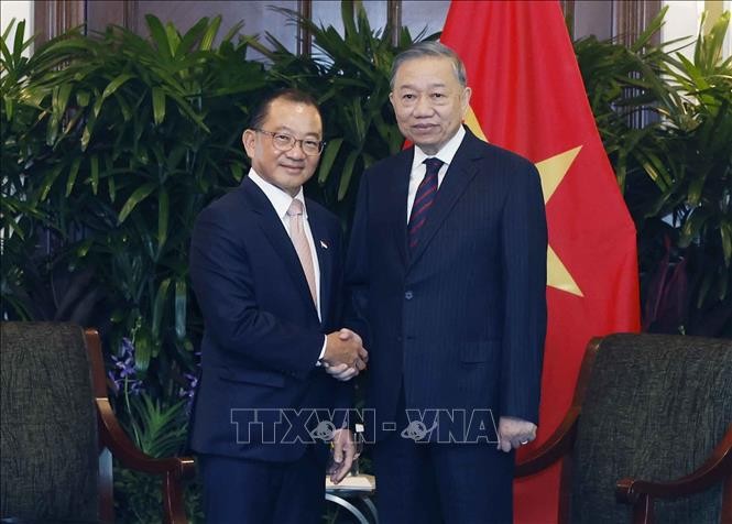 越南党中央总书记、国家主席苏林会见新加坡国会议长谢健平。