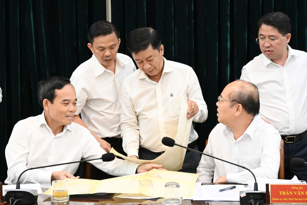 胡志明市市委书记与市人委会及各厅、部门领导直接审阅相关地图、档案、证书和资料。图：越勇