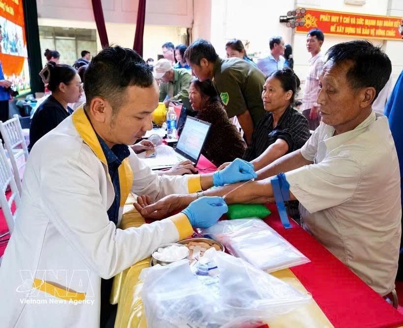医务人员在富寿省安乐乡为烈士亲属采集DNA生物样本。图自越通社