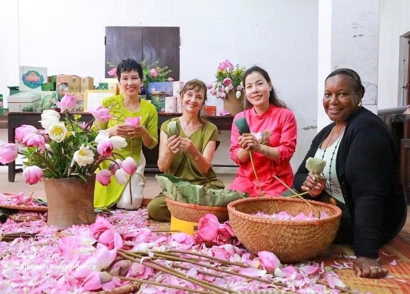 游客体验广安荷花茶窨制工艺。图自越通社