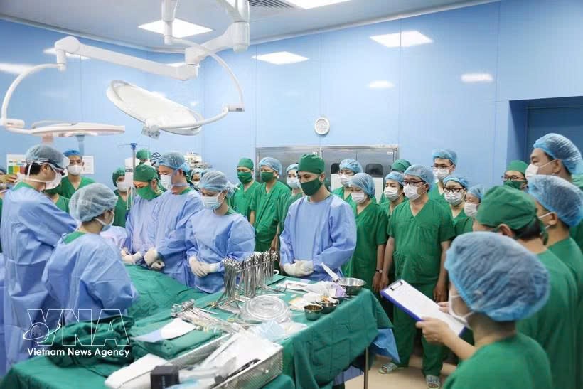 医护人员和专家在手术前向这位19岁器官捐献者及其家人低头默哀，表达由衷的感谢。图自越通社