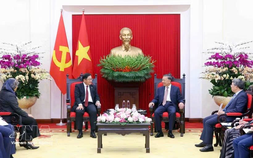 党中央总书记、国家主席苏林会见马来西亚驻越南大使陈杨泰。图自越通社