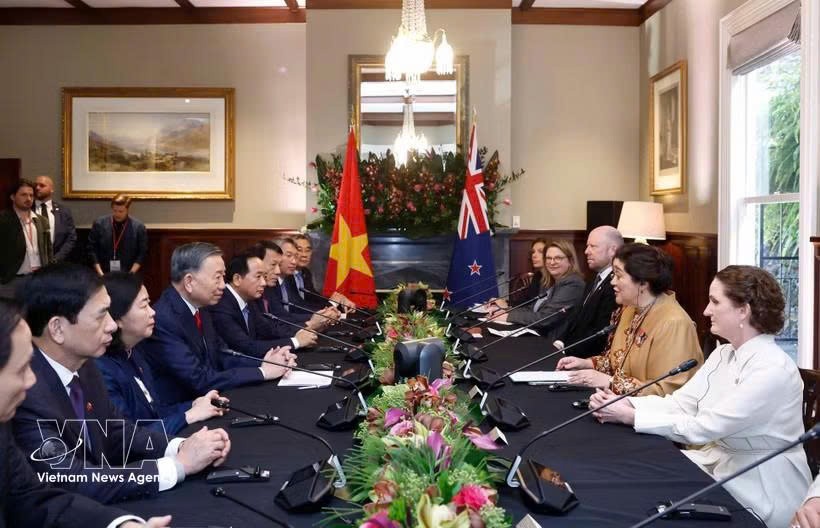 越南党中央总书记、国家主席苏林会见新西兰总督辛迪·基罗。图自越通社