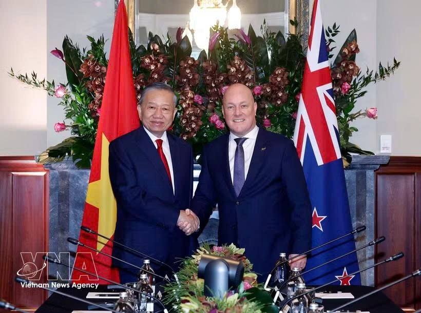 越南党中央总书记、国家主席苏林与新西兰总理克里斯托弗·卢克森。图自越通社