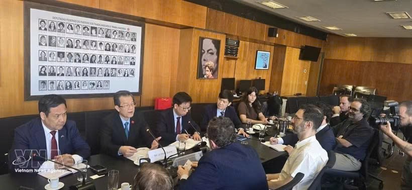 党中央委员、中央内政部副部长黎鸿光与巴西劳动党领导举行工作会谈。图自越通社