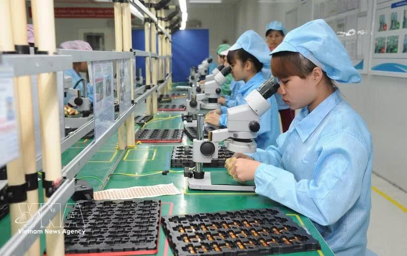 北宁省廷蘸工业区 Vietonic 公司在产品出厂前进行质量检查。图自越通社