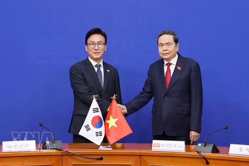 越南国会主席陈青敏会见韩国执政党共同民主党党首金民锡。图自越通社
