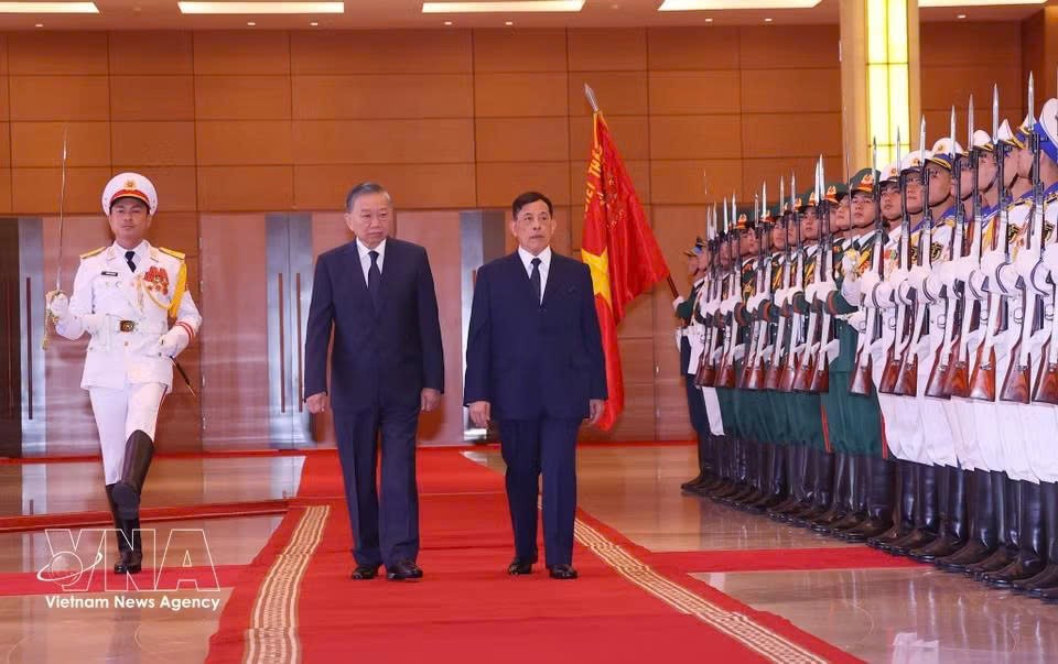 越南党中央总书记、国家主席苏林与泰国王玛哈·哇集拉隆功检阅越南人民军仪仗队。图自越通社