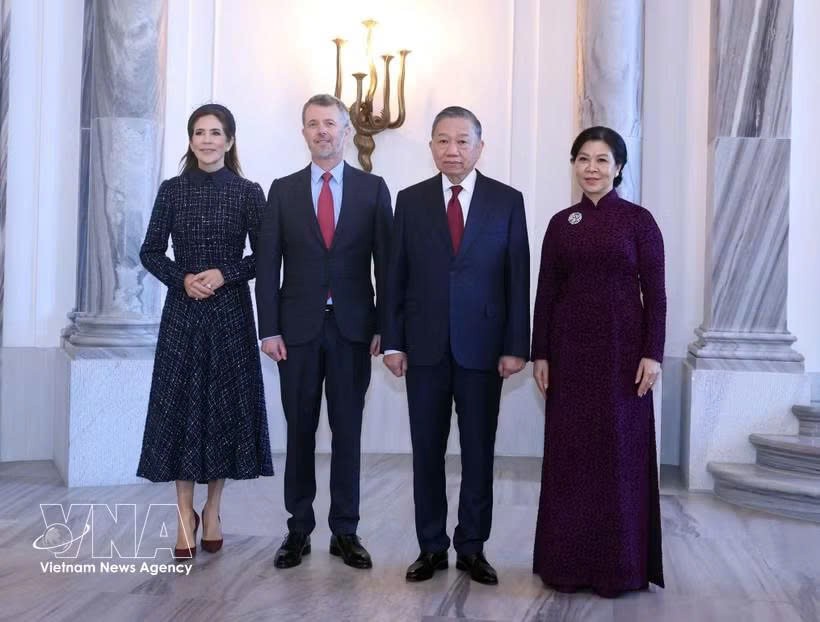 越南党中央总书记、国家主席苏林及夫人吴芳璃会见丹麦国王腓特烈十世和王后玛丽。图自越通社