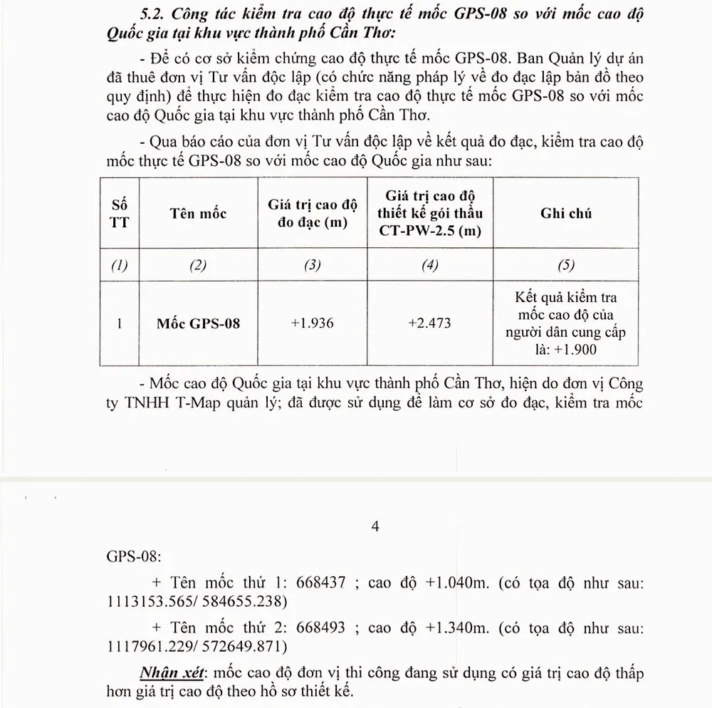 Tồn tại 2 báo cáo kiểm tra cao trình gói thầu CT3-PW-2.5 với kết quả khác nhau ảnh 2