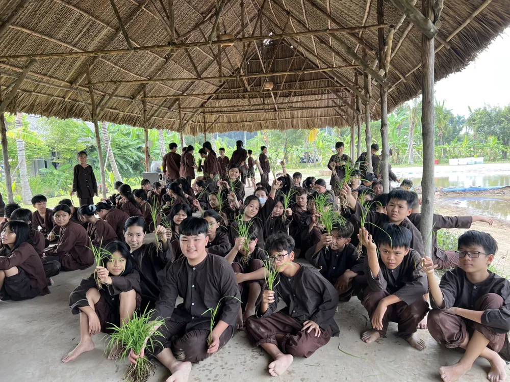 Các bạn trẻ thích thú trải nghiệm ruộng đồng trong những ngày nghỉ lễ