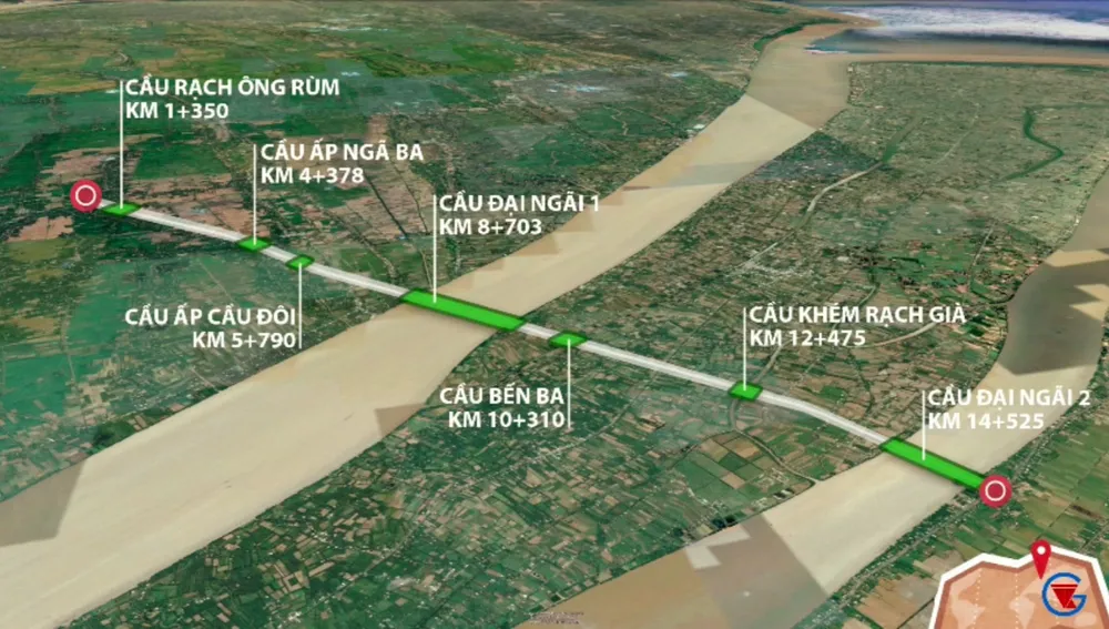 Cầu Đại Ngãi bắc qua sông Hậu, nối liền 2 tỉnh Sóc Trăng và Trà Vinh