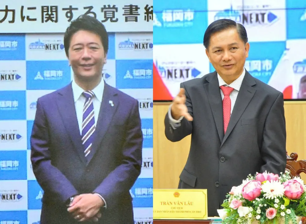 Ông Takashima Soichiro, Thị trưởng TP Fukuoka (trái) và ông Trần Văn Lâu, Chủ tịch UBND TP Cần Thơ