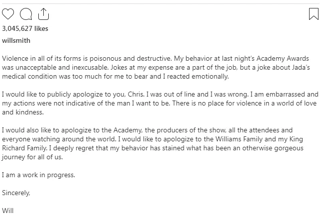 Will Smith nói lời xin lỗi sau khi tát Chris Rock trên sân khấu Oscar ảnh 1