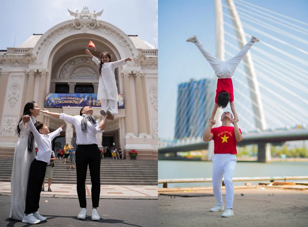 NSƯT Quốc Cơ làm xiếc với 2 con trên phố