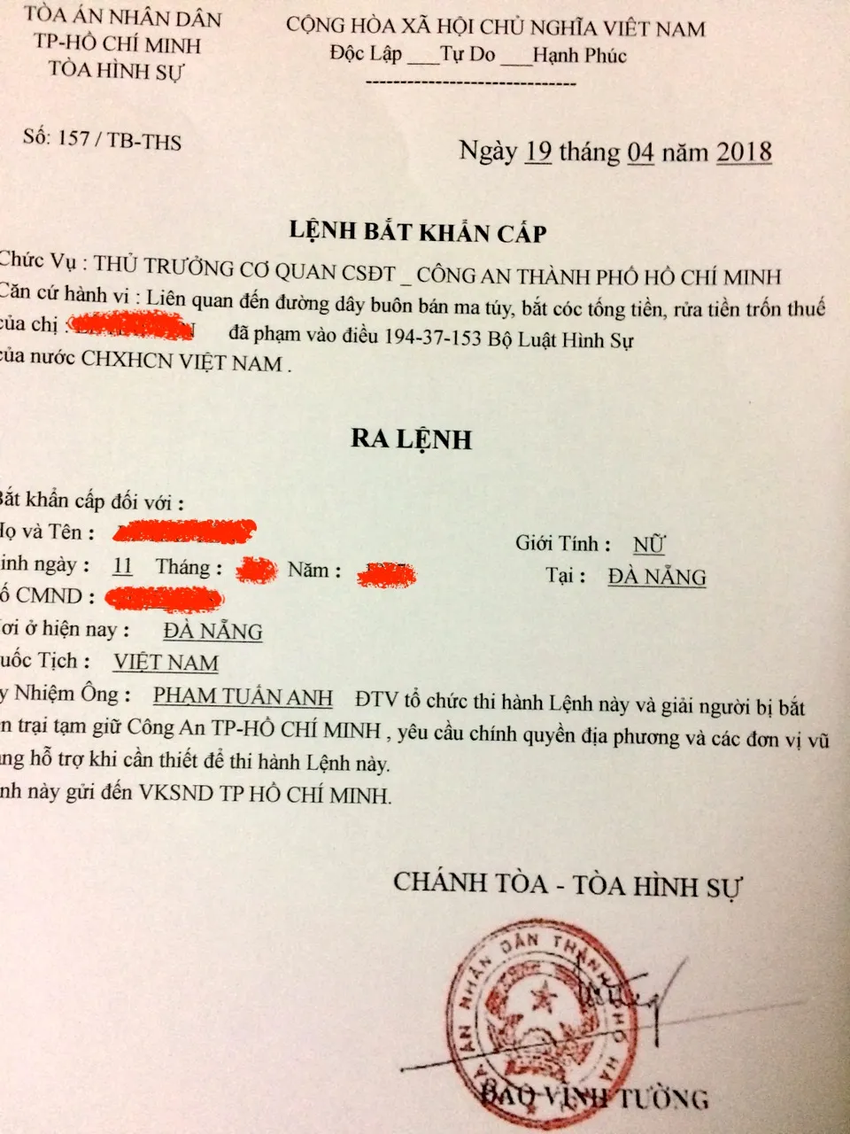 "Lệnh bắt khẩn cấp" mà đối tượng lừa đảo gửi cho chị Y. 