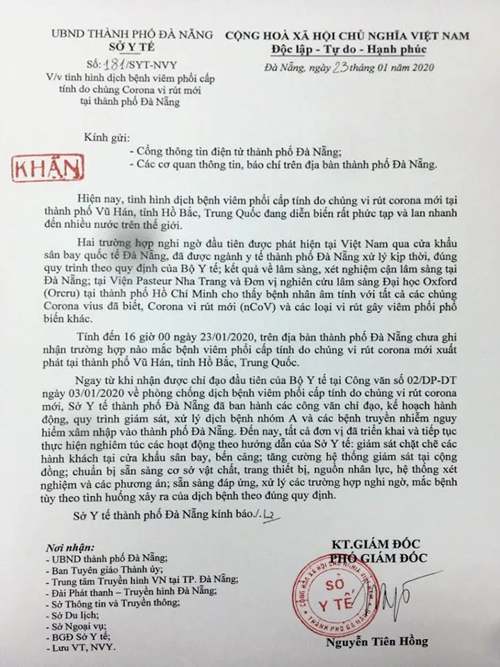 Sở Y tế Đà Nẵng đã bác bỏ thông tin “Đà Nẵng đã có du khách Trung Quốc nhiễm virus Corona“ ảnh 1