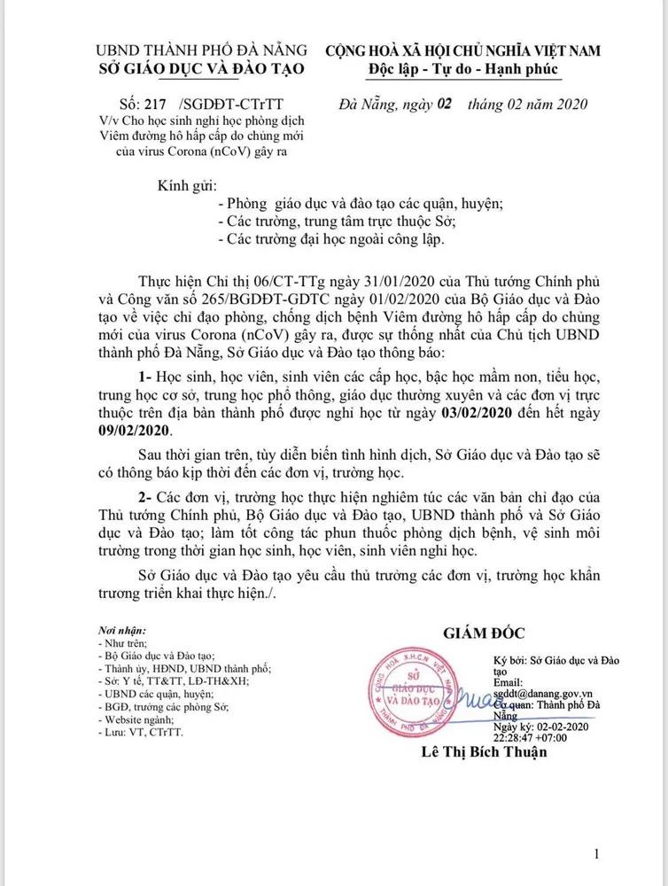 Đà Nẵng cho học sinh nghỉ học từ ngày 3-2 đến ngày 9-2 để phòng dịch bệnh ảnh 1