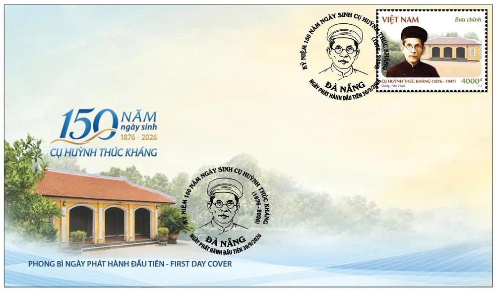 Phong bì ngày phát hành đầu tiên của bộ tem “Kỷ niệm 150 năm Ngày sinh cụ Huỳnh Thúc Kháng (1876 - 2026)”