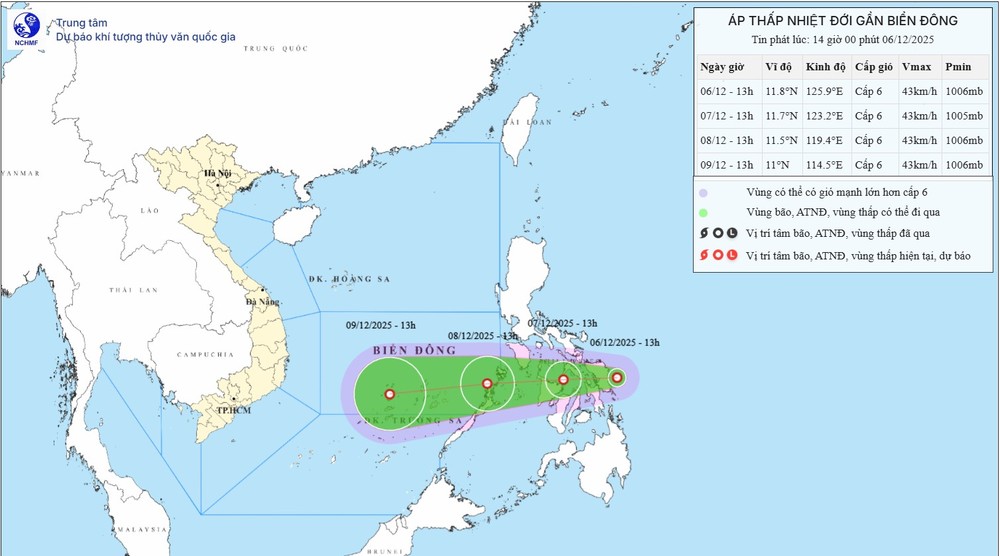 12月6日下午，国家气象水文预报中心预测热带低压路径和位置。