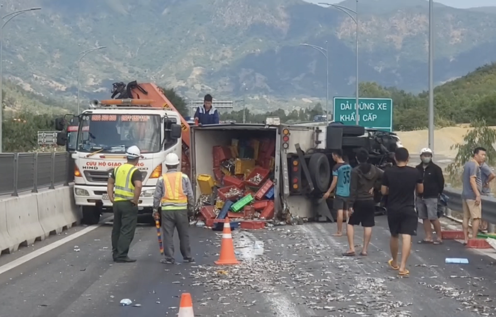 两车碰撞导致载鱼货车侧翻，鱼群散落在路面上。