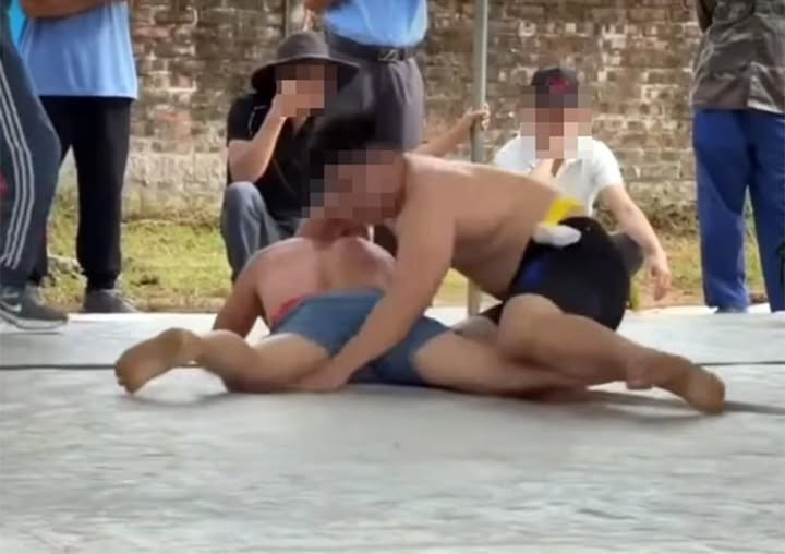 河内市金英乡泰莱村庙会的一场摔跤比赛。