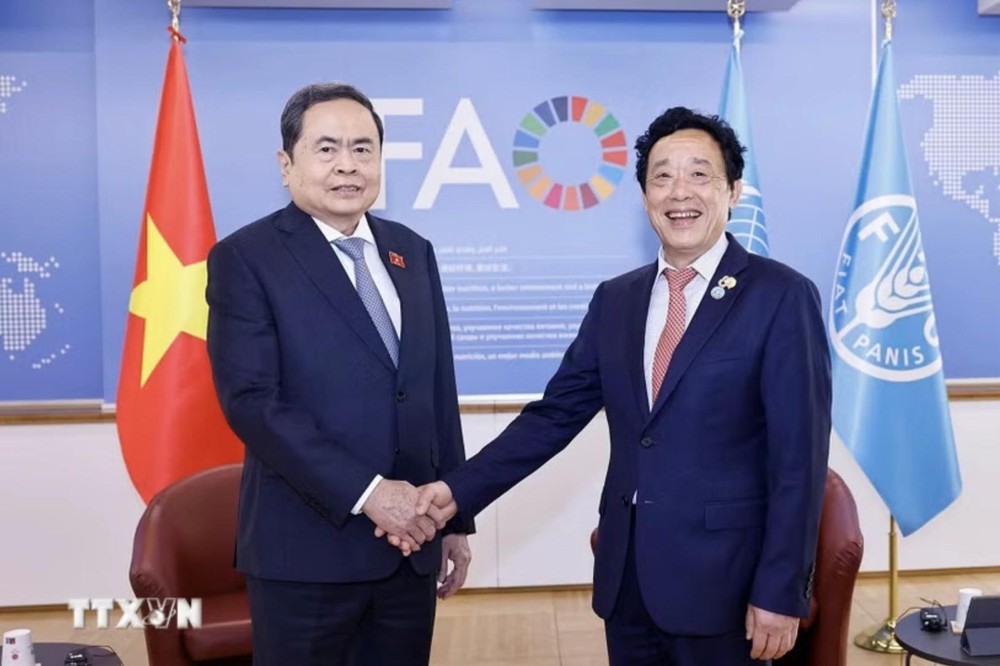 越南国会主席陈青敏会见联合国粮农组织总干事屈冬玉。图：越通社