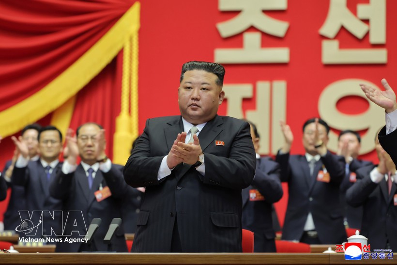 2月22日，朝鲜最高领导人金正恩在平壤出席朝鲜劳动党第九次代表大会。图：韩联社/越通社