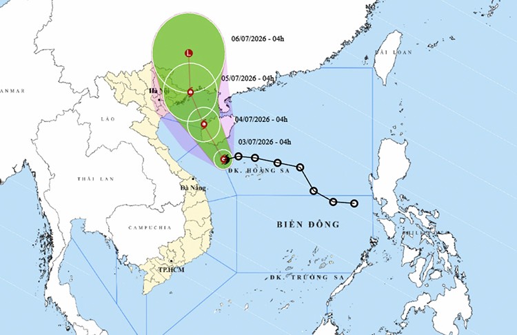 2026年7月3日上午10时，东海1号台风的移动路径及中心位置图。图：越通社