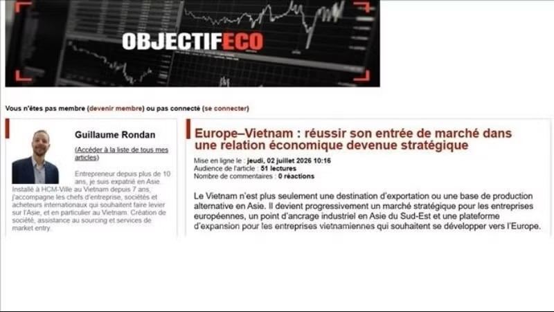 越南与欧洲经济合作前景分析文章，7月2日发表于法国经济信息网站《Objectif Eco》。图：越通社