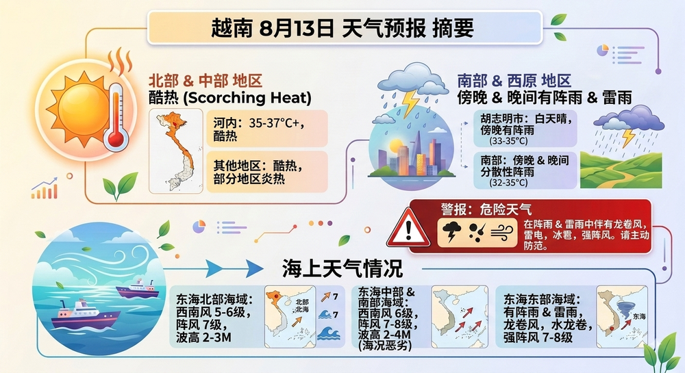 8月13日天气预报：北部高温晴热，南部傍晚至夜间有雷阵雨。（AI图片）