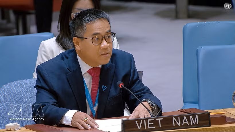 越南常驻联合国代表团副团长阮海刘公使在会上发表讲话。图：越通社