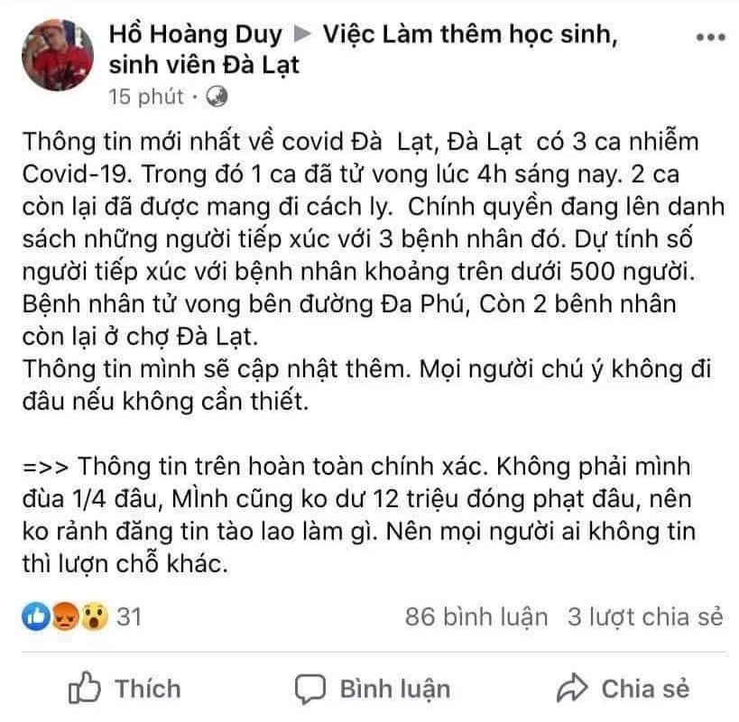 Khởi tố đối tượng đăng tin “giả” Đà Lạt có người tử vong vì Covid-19 ảnh 1