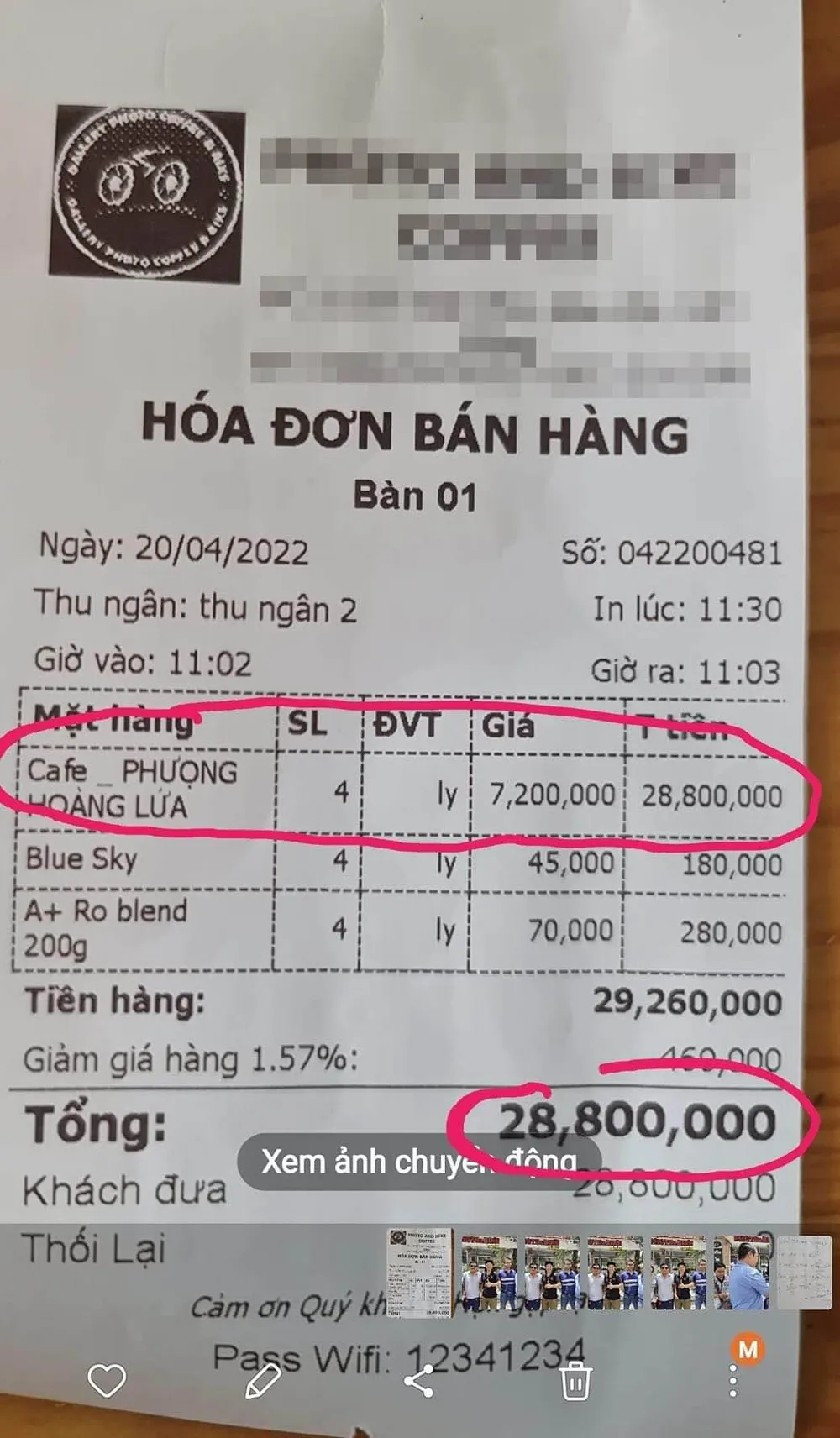 Thực hư hoá đơn 28,8 triệu đồng/4 ly cà phê tại Bảo Lộc ảnh 2