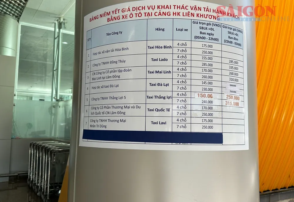 Thông tin bảng giá xe của các hãng từ Sân bay Liên Khương về trung tâm TP Đà Lạt được dán công khai tại sân bay. Ảnh: ĐOÀN KIÊN